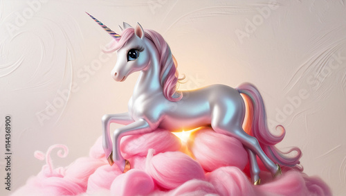 A majestic unicorn with a slender, elongated body, shimmering silver coat, and a delicate, spiraling horn, sits atop a whimsical cloud of pink cotton candy, its wispy tendrils curled around the unicor photo