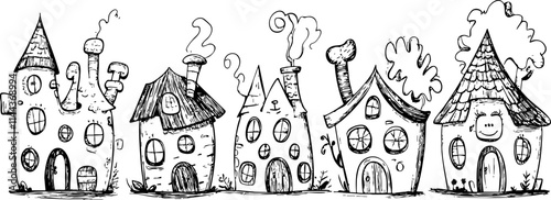 A whimsical illustration of various charming houses, showcasing unique designs and hand-drawn details in a playful style.