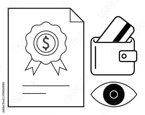 Certificate with dollar symbol ribbon, wallet with credit card, and surveillance eye. Ideal for finance, security, digital transactions, online payments, certifications banking money. Line metaphor