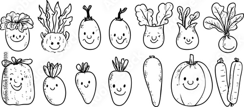 A collection of cute, smiling cartoon vegetables drawn in a whimsical style, ideal for food-related projects or children’s illustrations.