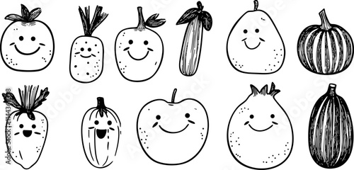 A playful illustration of various smiling fruits and vegetables, perfect for children's books, educational materials, or food-related designs.