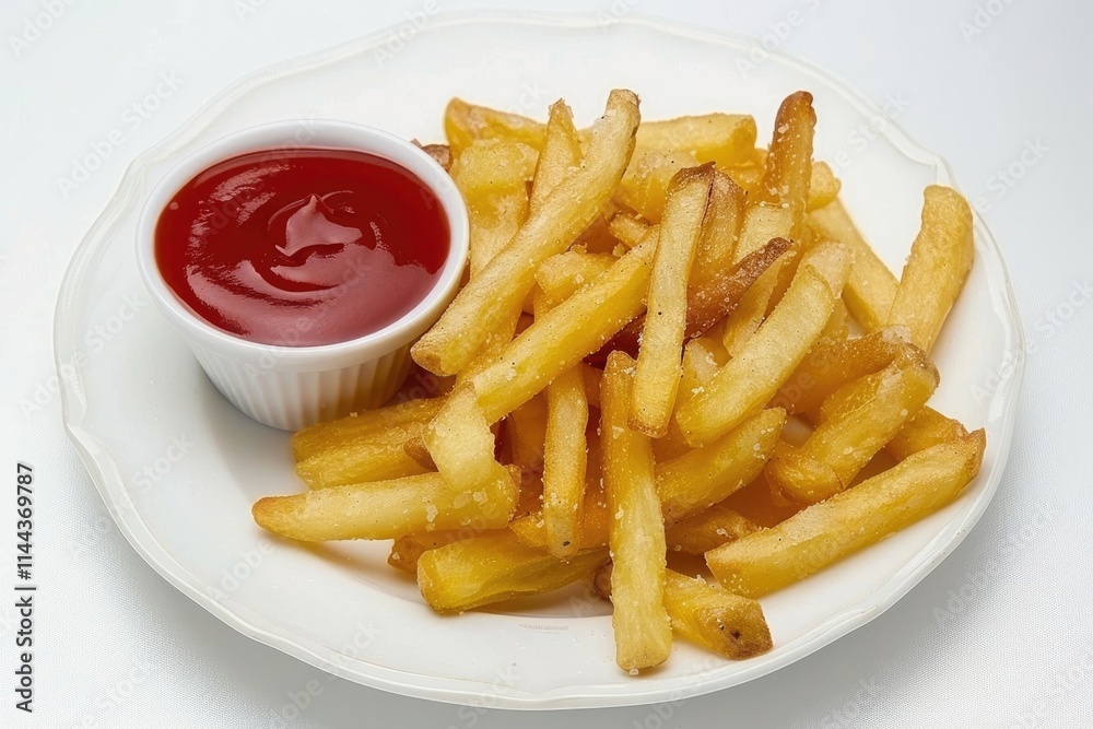 Plate of tasty french fries and ketchup on white background Plate of tasty french fries and ketchup on white background