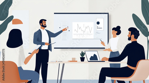 Team Setting Quarterly Objectives in Boardroom, Flat Design Illustration