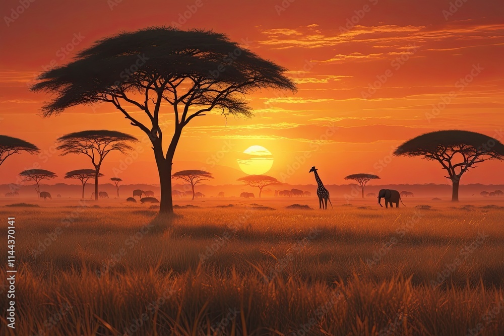 A breathtaking view of the African savanna during sunset, with golden grasses stretching to the horizon. Silhouettes of elephants and giraffes roam in the distance,generative ai A breathtaking view of the African savanna during sunset, with golden grasses stretching to the horizon. Silhouettes of elephants and giraffes roam in the distance,generative ai