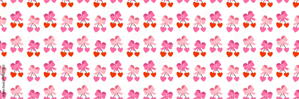 Cherry shape of heart with bow, seamless pattern illustration. Cute romantic love background, print. Valentines day holiday, wedding design