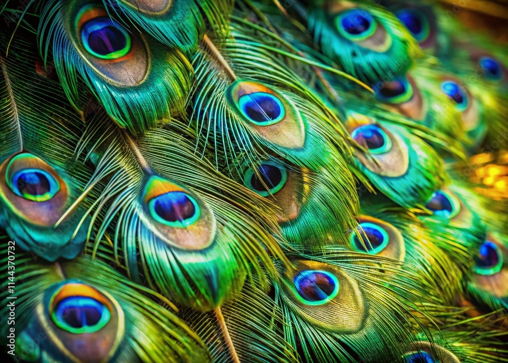 Obraz premium Low Light Peacock Feathers: Close-Up of Magnificent Tropical Bird Tail Plumage
