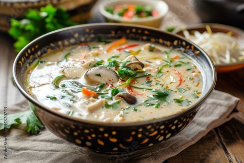 Bowl of delicious tom kha gai soup garnished with cilantro and mushrooms