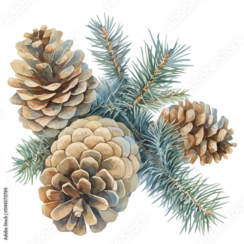 watercolor Christmas decorative pine cones and ribbons painting collection isolated on a white background, vector flat watercolor design painting, Christmas design