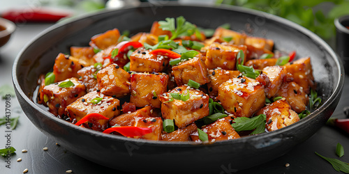 Plant-Based Protein: Flavorful Crispy Tofu Bowl - Spicy Asian-Style Crispy Tofu with Fresh Herbs and Chili photo