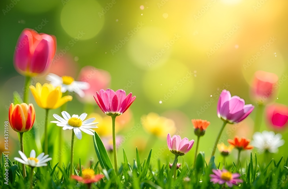 Spring flowers with green grass close up, blurred sunny background.