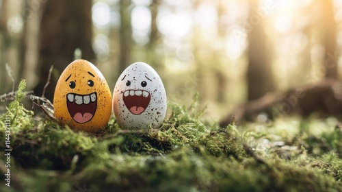 Two cheerful eggs with spirited faces in a mossy forest setting, capturing a sense of youthful joy, wonder, and playfulness among natural surroundings. photo