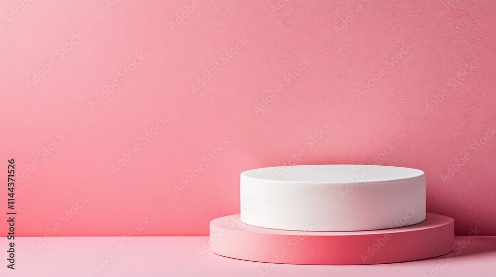 Pink studio with white round pedestal, product display.