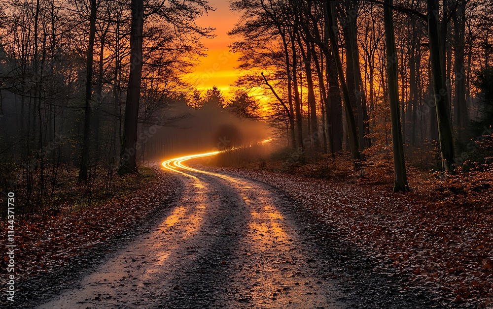 Winding forest road at sunset, sunlight through trees, autumn leaves. Winding forest road at sunset, sunlight through trees, autumn leaves.