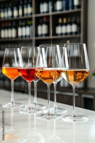 Pouring white wine into elegant glasses lined up on a wooden bar counter in a...