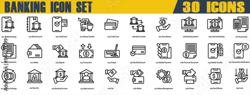 Banking icon set. Containing Mobile Banking,Bank Account,Credit Card,Bank Transfer,Internet Banking,Bank Statement,Verified Account,Mobile Payment,Money Exchange,Bank Account and Loan. Line Gradient
