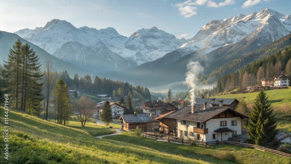 Landscape with cows and mountains, Serene relaxation view Landscape with cows and mountains, Serene relaxation view