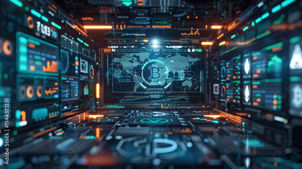 A futuristic digital tunnel displaying cryptocurrency data. Vibrant teal and orange hues illuminate the intricate network of screens.