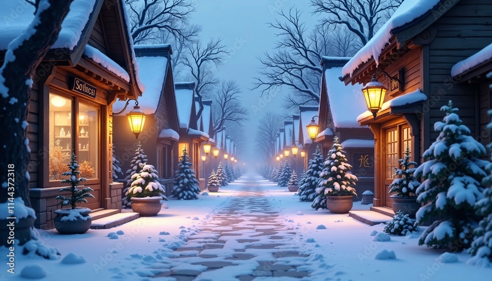 Fototapeta premium Serene snow-covered street illuminated by glowing lanterns in a winter wonderland