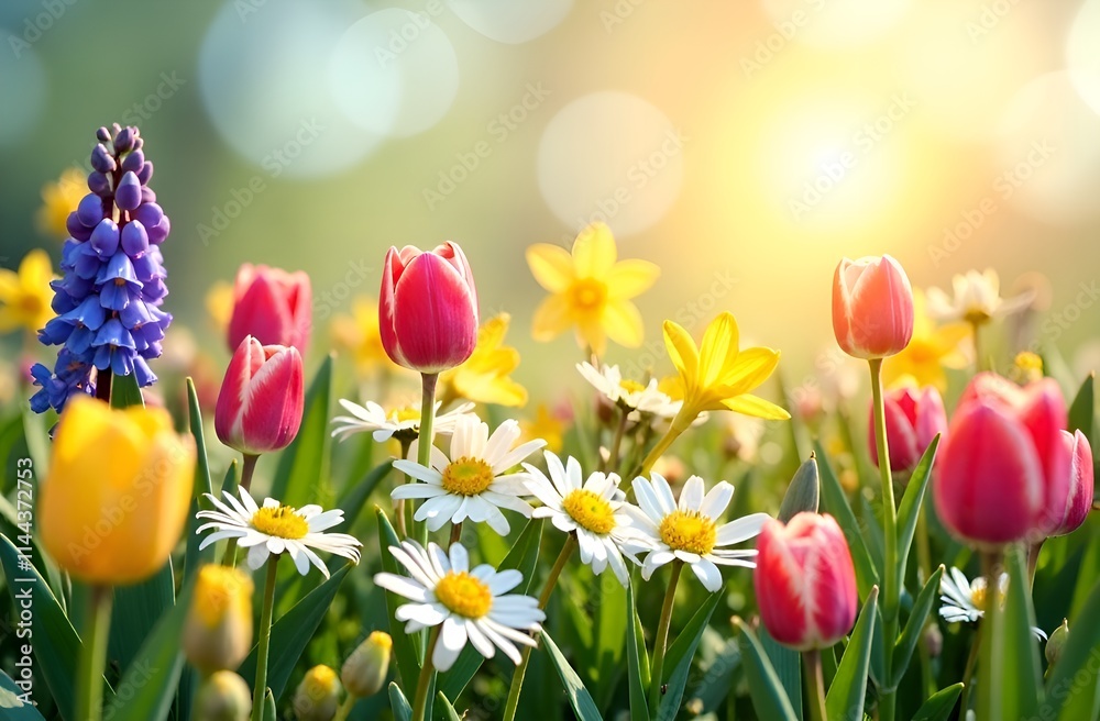 Spring flowers with green grass close up, blurred sunny background. Spring flowers with green grass close up, blurred sunny background.