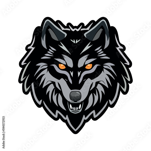 Sleek wolf head logo with glowing orange eyes and bold black details. photo