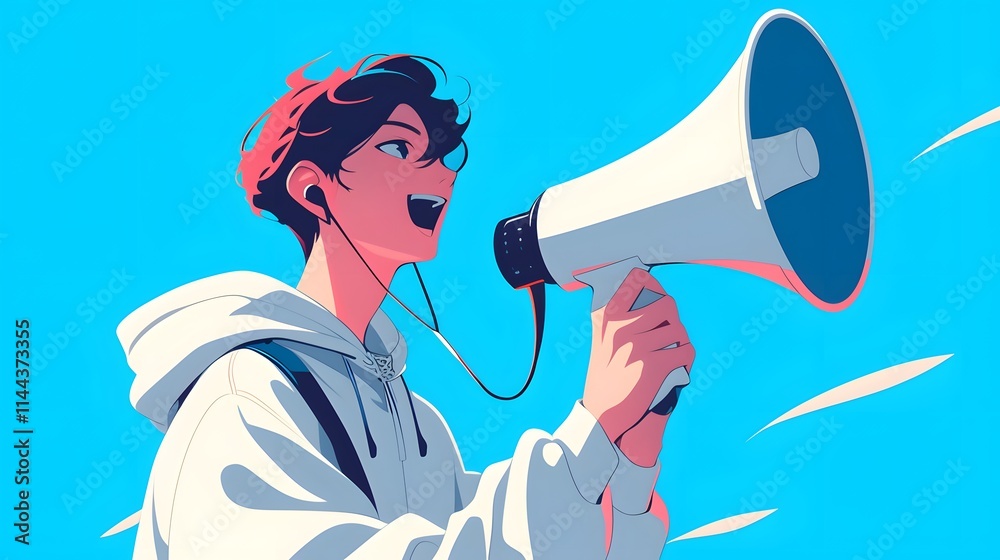 Young man holding megaphone, illustrated in flat 2D anime style with clean lines. Young man holding megaphone, illustrated in flat 2D anime style with clean lines.