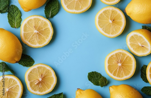 Lemons and mint leaves arranged on a blue surface create a vibrant and refres...