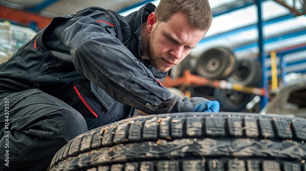 A mechanic in black uniform checks a car tire tread with a tool in a garage. Professional approach to vehicle maintenance evident. A mechanic in black uniform checks a car tire tread with a tool in a garage. Professional approach to vehicle maintenance evident.