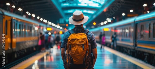 Traveler with yellow backpack waits on platform for train at busy urban station during late afternoon rush hour