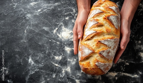Freshly baked artisanal bread being held by hands against a dark, textured su...