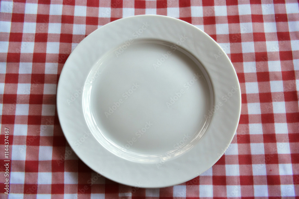 Top view of an empty round white plate with a colored background set on a tablecloth for food. Plate empty onto napkin, leaving room for your artwork. Top view of an empty round white plate with a colored background set on a tablecloth for food. Plate empty onto napkin, leaving room for your artwork.