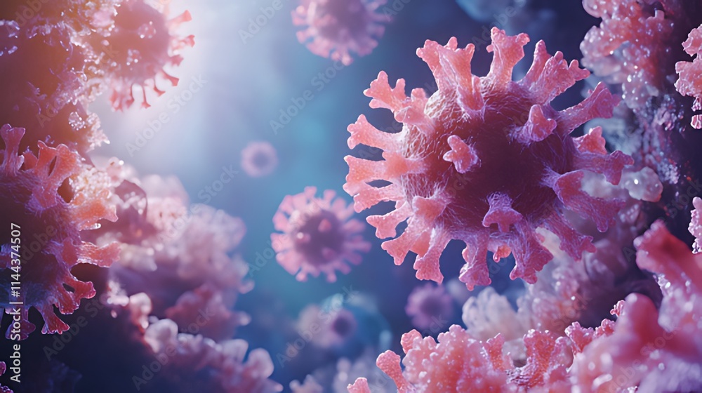 Microscopic view of numerous viruses, detailed 3D render. Microscopic view of numerous viruses, detailed 3D render.