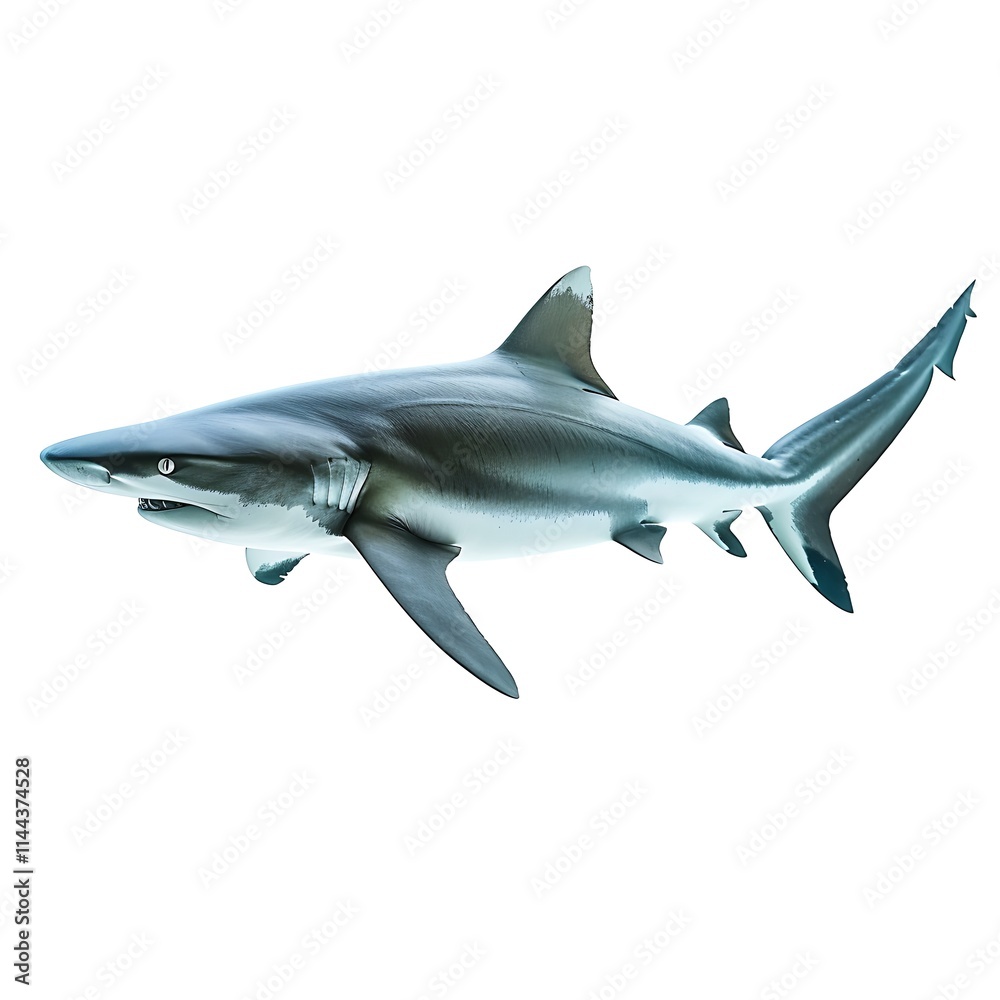 Naklejka premium Oceanic Predator: A sleek, powerful shark glides through the water, its form captured in breathtaking detail. A captivating image for marine life enthusiasts and nature documentaries.