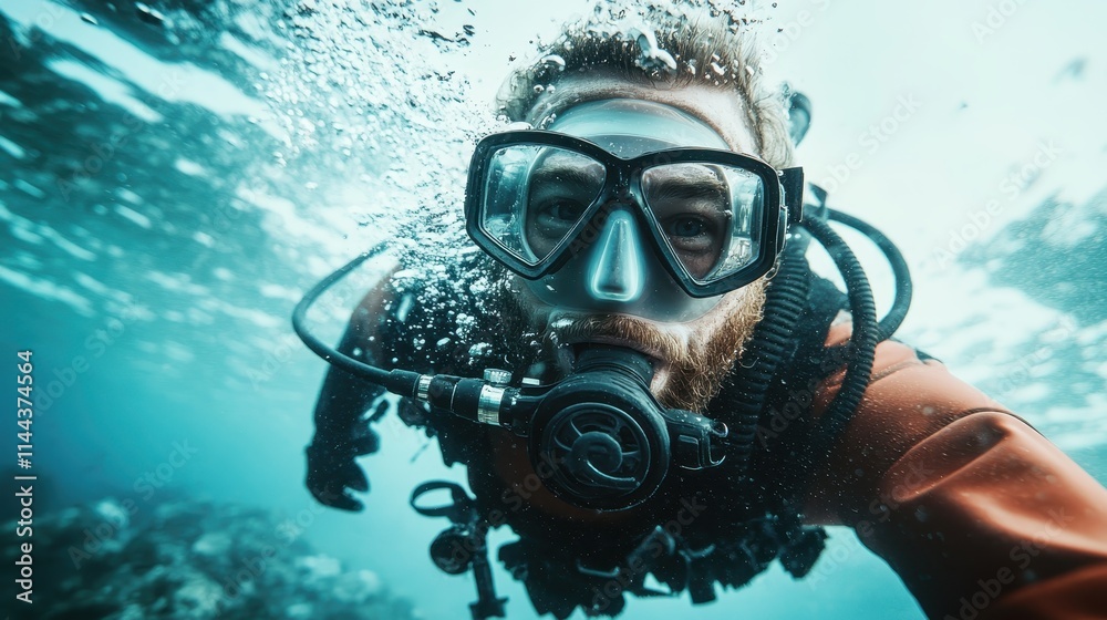 A scuba diver looks ahead in a tranquil underwater setting, surrounded by bubbles and diffused light. It depicts exploration and the peacefulness of marine life. A scuba diver looks ahead in a tranquil underwater setting, surrounded by bubbles and diffused light. It depicts exploration and the peacefulness of marine life.