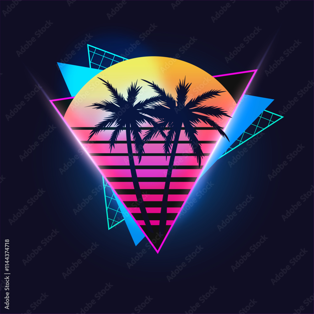 Ilustración vectorial para camiseta con palmeras y atardecer: diseño retro tropical con formas geométricas, sol, mar y ondas, estilo synthwave ochentero inspirado en Miami Vice y vacaciones exóticas.