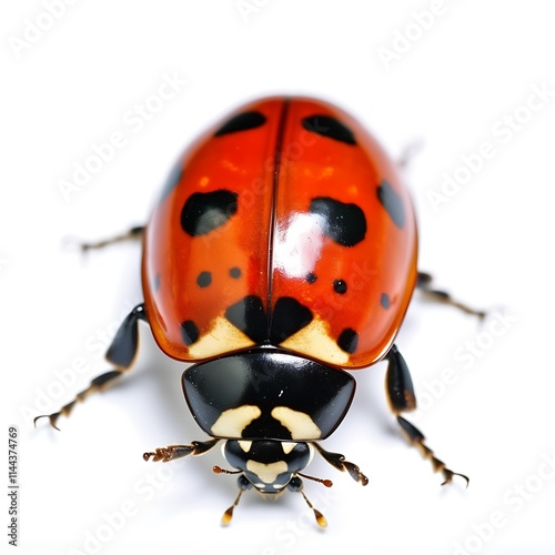 Ladybug Close-up: A vibrant red ladybug with black spots, seen from a close-up perspective, showcasing its intricate details and captivating charm. 