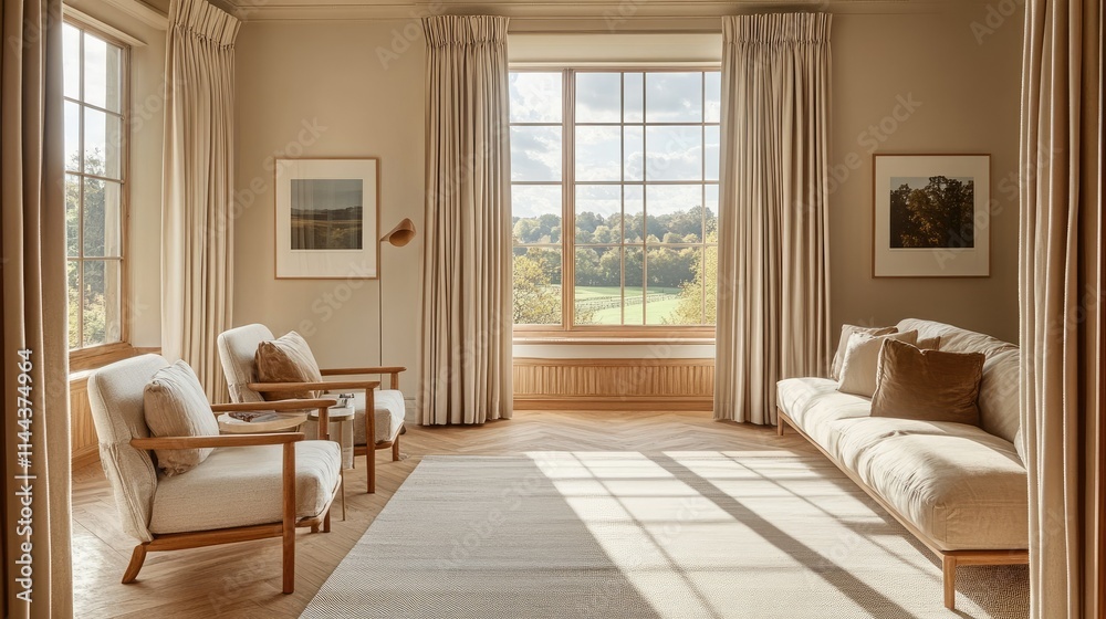 Fototapeta premium Sun-drenched room with light oak parquet floors, soft furnishings, and a panoramic view of the outdoors