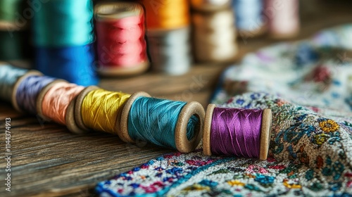 Spools of vibrant sewing threads and a half-finished embroidery project on a wooden surface photo