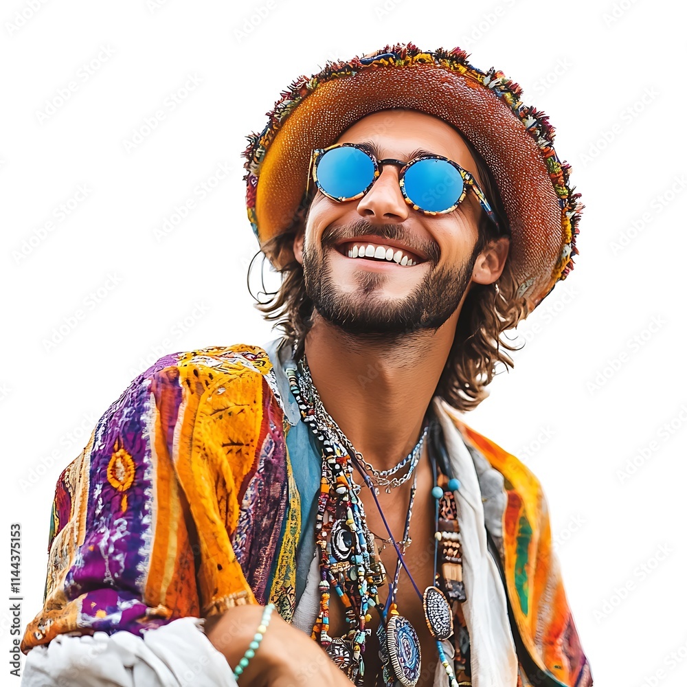 Free Spirit in Blue Sunglasses: A young man with a colorful bohemian aesthetic beams with joy while wearing vibrant blue sunglasses. His carefree expression captures the essence of summer, adventure. Free Spirit in Blue Sunglasses: A young man with a colorful bohemian aesthetic beams with joy while wearing vibrant blue sunglasses. His carefree expression captures the essence of summer, adventure.