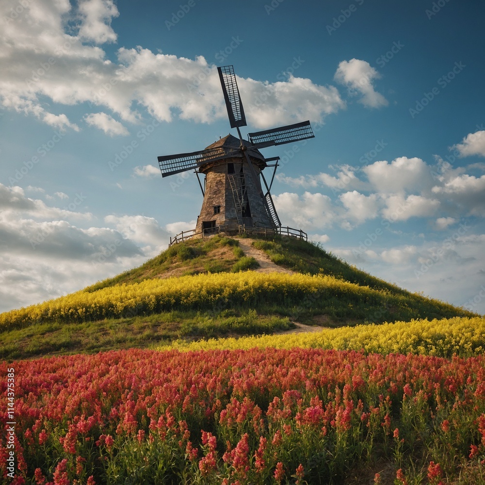Naklejka premium A picturesque hilltop with a windmill surrounded by blooming fields.