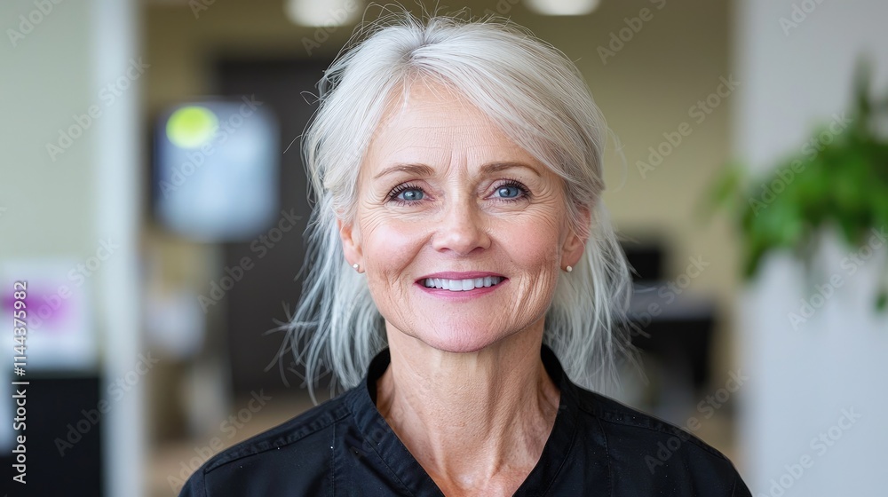 Fototapeta premium Smiling mature woman with grey hair looking at the camera in a bright office environment.
