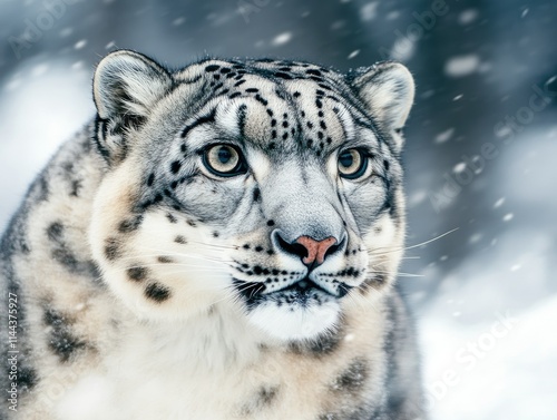 snow leopard on snowy background. photo