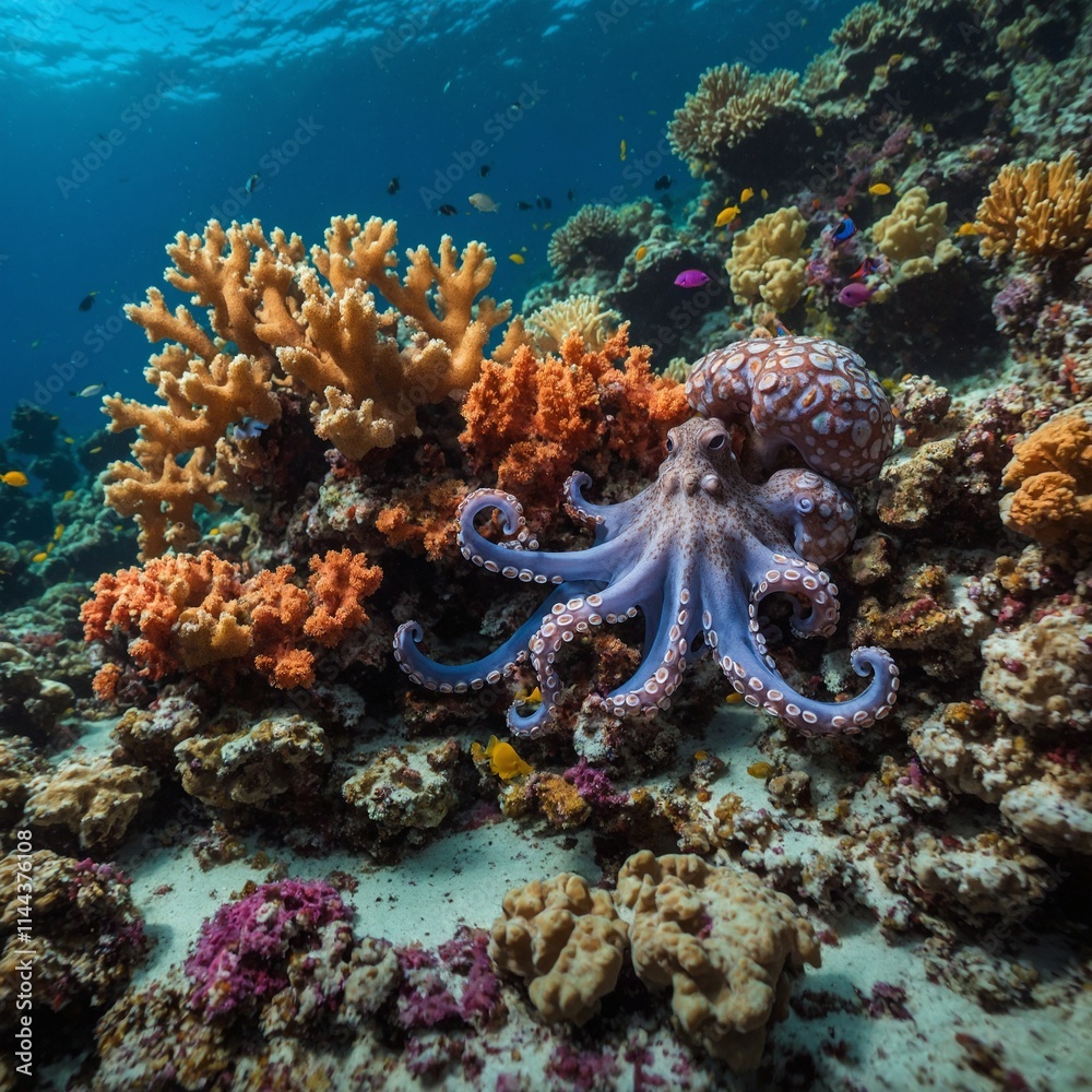 Obraz premium A colorful coral reef with an octopus hiding among the rocks.