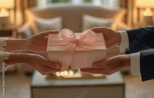 Couple exchanging a beautifully wrapped gift in a cozy living room setting du...