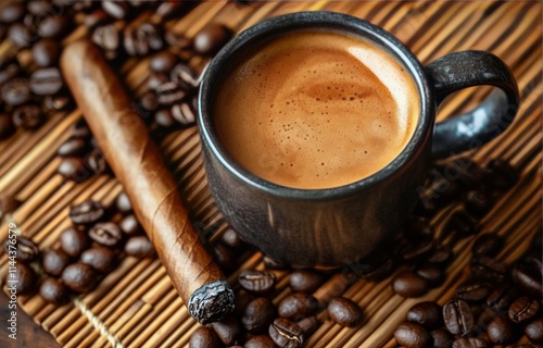 Enjoying freshly brewed coffee served in a rustic ceramic cup on a wooden sur...