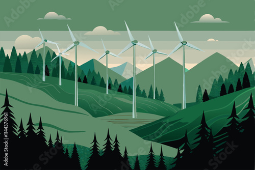 Create a vector illustration of a wind turbine farm nestled amidst mountainous terrain, emphasizing clean energy and environmental sustainability.