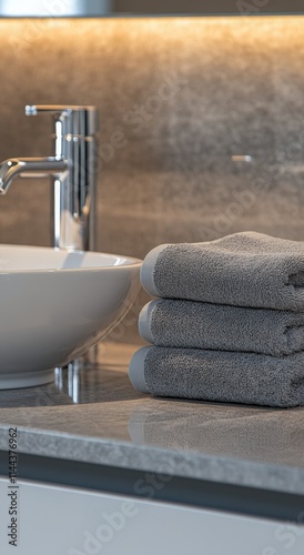 Elegant bathroom setup with neatly stacked gray towels beside a modern sink o...