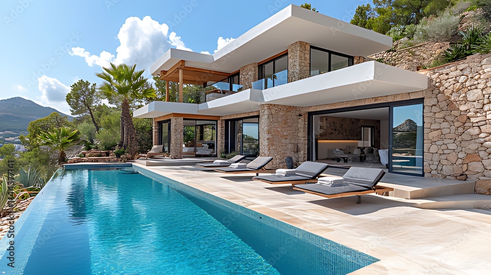 Fototapeta premium Modern luxury villa with infinity pool, hillside location, and stunning sea view.