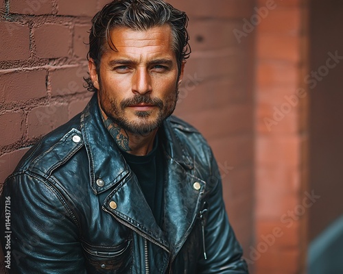 Stylish Leather Clad Man with Confident Edgy Expression in Gritty Urban Setting photo