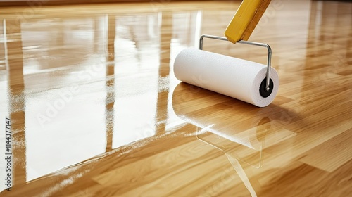 Top-down view of a roller smoothly coating a light-colored floor with primer, creating a reflective surface photo