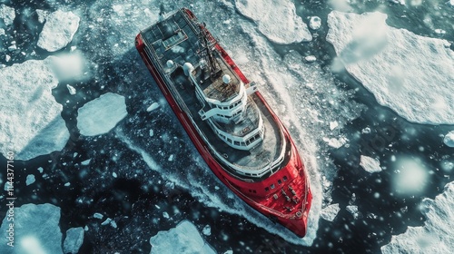 Icebreaker ship navigating through icy waters, surrounded by large icebergs a...